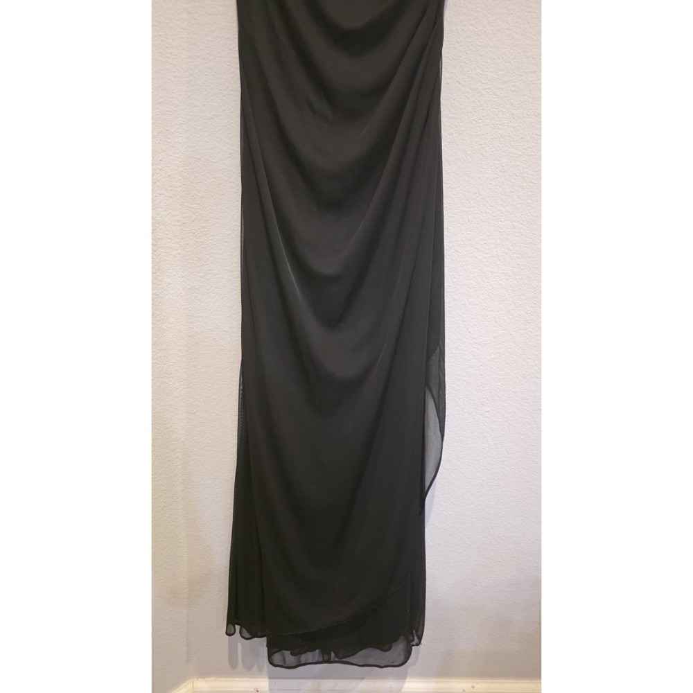 Xscape Black Lace Cap Sleeve Cowl Neck Ruched Maxi Gown Open Back Front Slit 12 - Picture 4 of 9